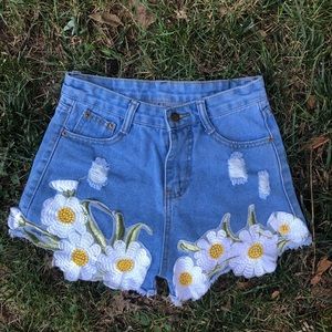 High Rise Flower Denim Mom Jean Shorts